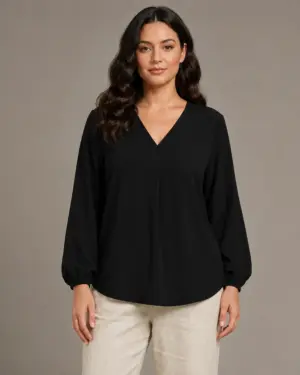 V Neck Lantern Sleeve Top BL