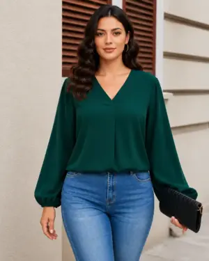 V Neck Lantern Sleeve Top