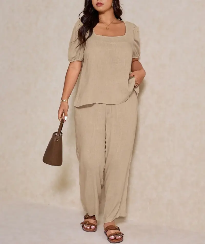 Elegant Solid Color Puff Sleeve Top And Pant Set - Image 8