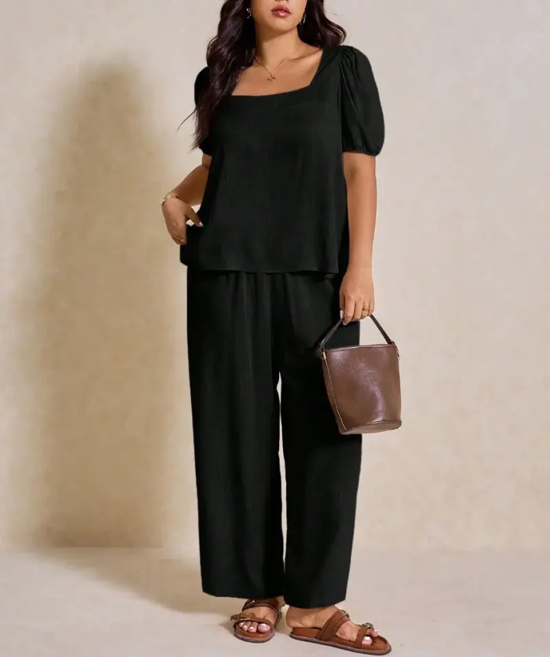 Elegant Solid Color Puff Sleeve Top And Pant Set - Image 19