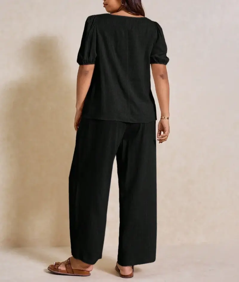 Elegant Solid Color Puff Sleeve Top And Pant Set - Image 18