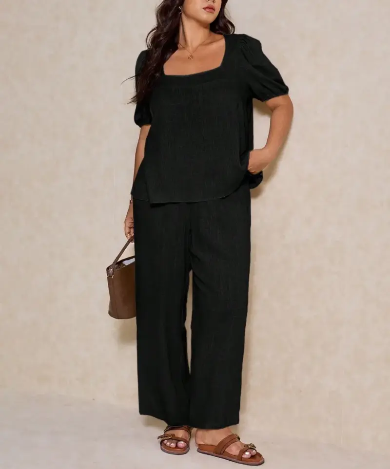 Elegant Solid Color Puff Sleeve Top And Pant Set - Image 17