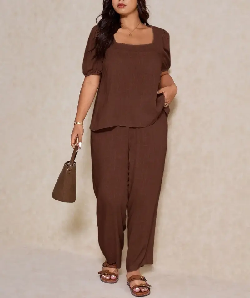 Elegant Solid Color Puff Sleeve Top And Pant Set - Image 14