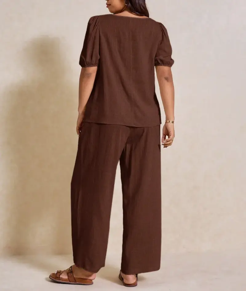 Elegant Solid Color Puff Sleeve Top And Pant Set - Image 15