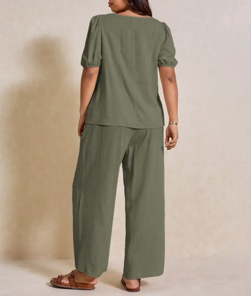 Elegant Solid Color Puff Sleeve Top And Pant Set - Image 2