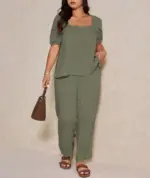 Elegant Solid Color Puff Sleeve Top And Pant Set