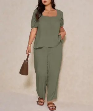 Elegant Solid Color Puff Sleeve Top And Pant Set