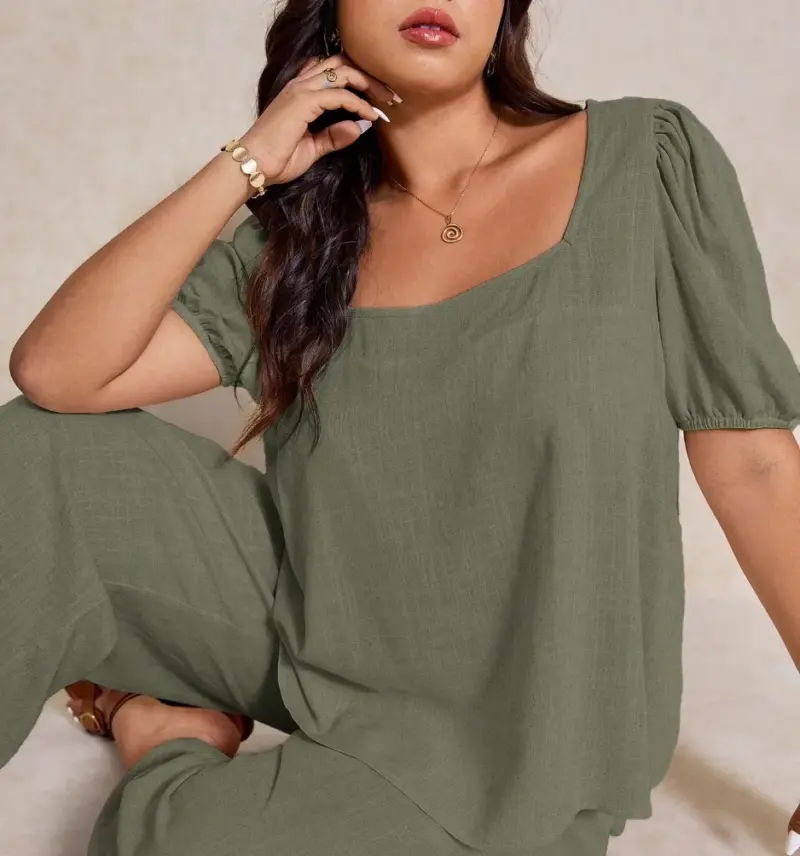 Elegant Solid Color Puff Sleeve Top And Pant Set - Image 3