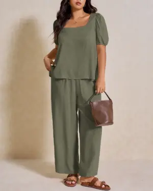 Elegant Solid Color Puff Sleeve Top And Pant Set