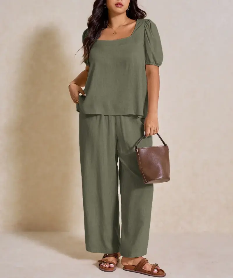 Elegant Solid Color Puff Sleeve Top And Pant Set - Image 7