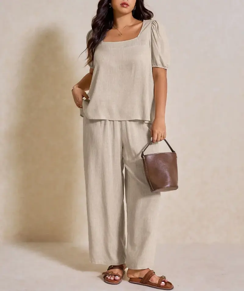 Elegant Solid Color Puff Sleeve Top And Pant Set - Image 12