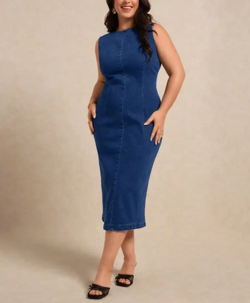 Lovshy Solid Denim One Piece Dress - Image 2