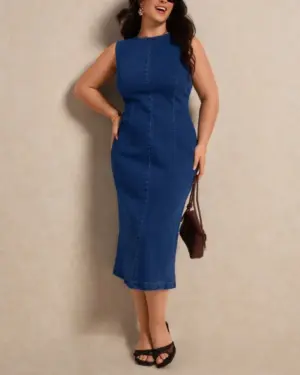 Lovshy Solid Denim One Piece Dress
