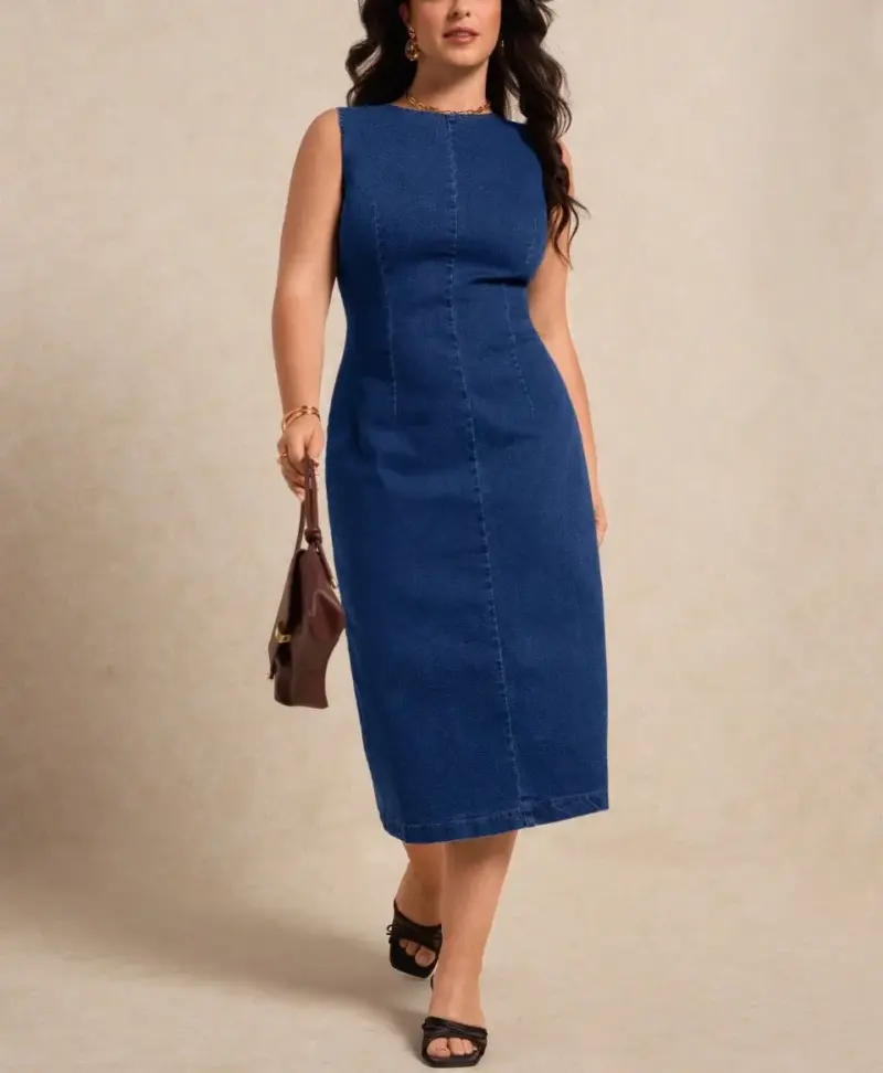 Lovshy Solid Denim One Piece Dress - Image 7