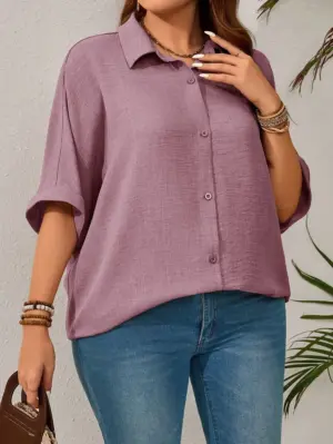 Lovshy Solid Color Batwing Sleeve Shirt