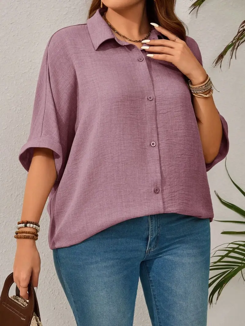 Lovshy Solid Color Batwing Sleeve Shirt