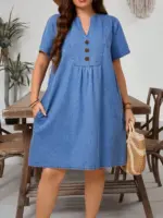 Lovshy Denim V Neck Dress For Women