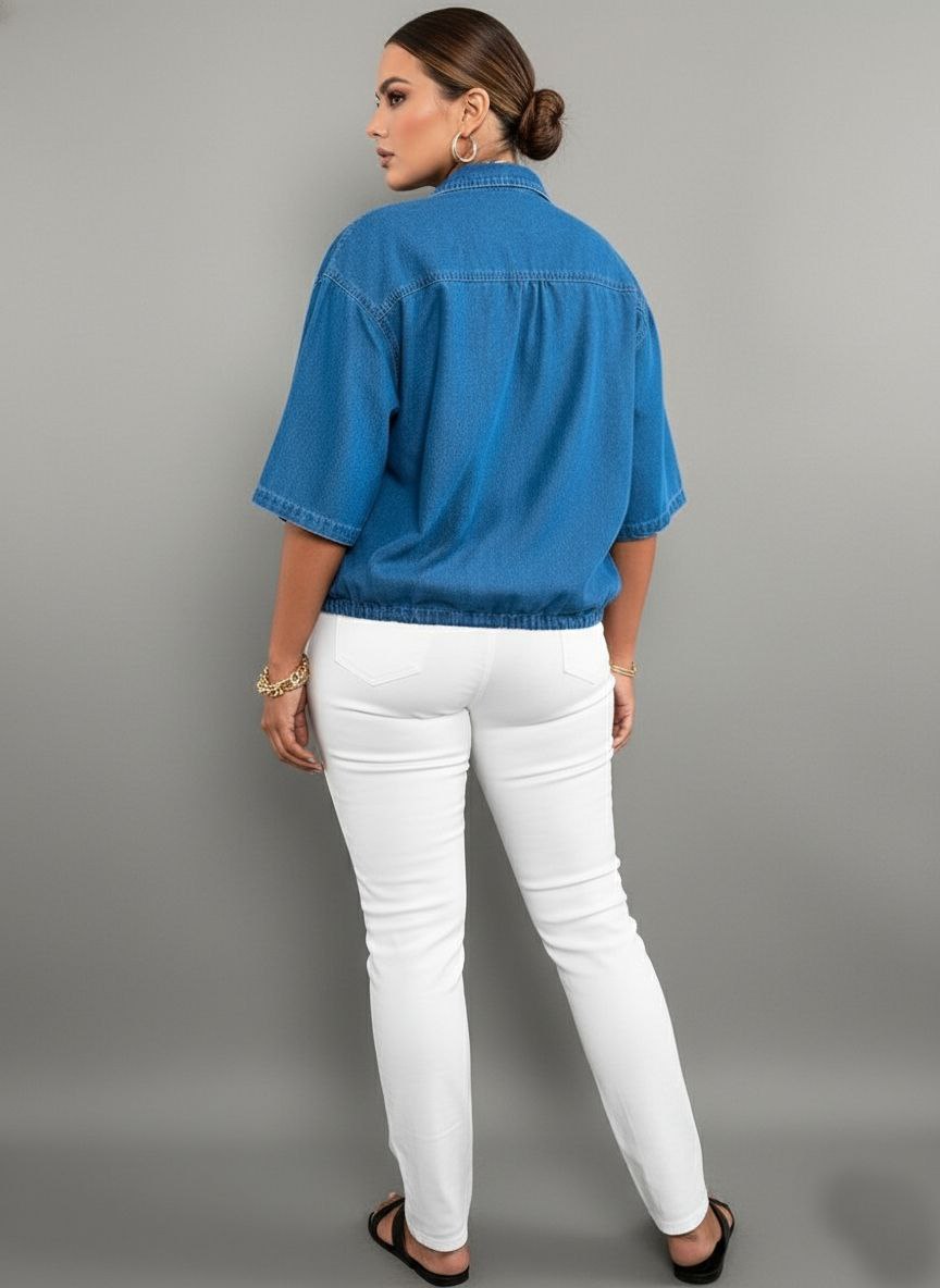 Women's Casual Drawstring Hem Denim Shirt Top Lw - Image 2