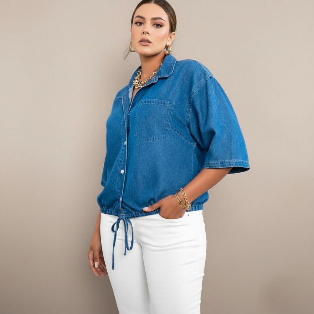 Women's Casual Drawstring Hem Denim Shirt Top Lw - Image 4