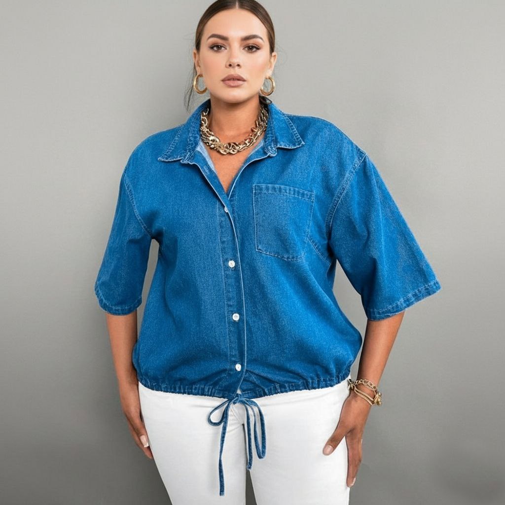 Women's Casual Drawstring Hem Denim Shirt Top Lw