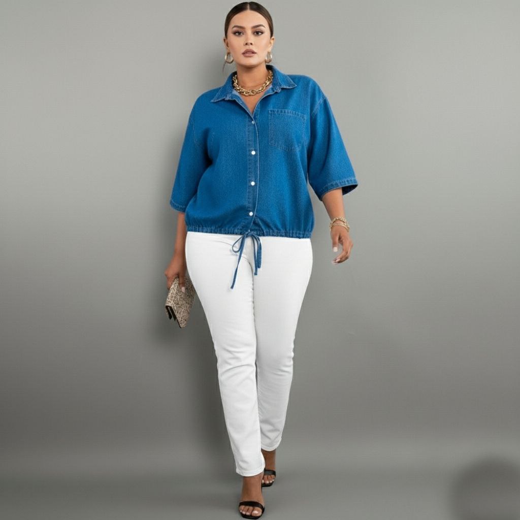 Women's Casual Drawstring Hem Denim Shirt Top Lw - Image 3