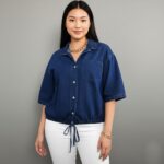 Women's Casual Drawstring Hem Denim Shirt Top