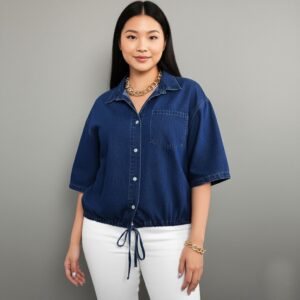 Women's Casual Drawstring Hem Denim Shirt Top