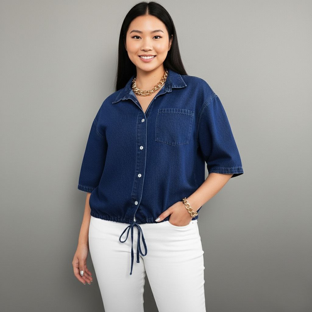 Women's Casual Drawstring Hem Denim Shirt Top Lw - Image 9
