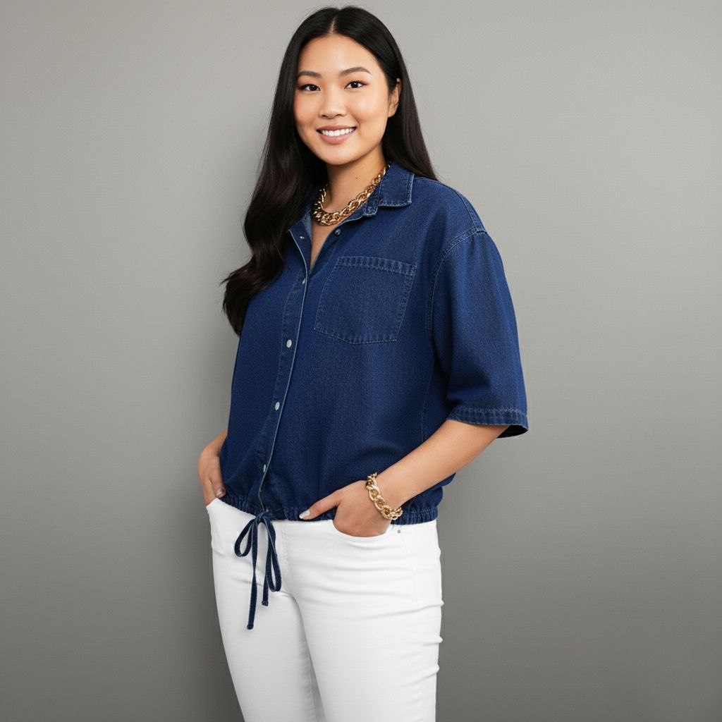 Women's Casual Drawstring Hem Denim Shirt Top Lw - Image 8