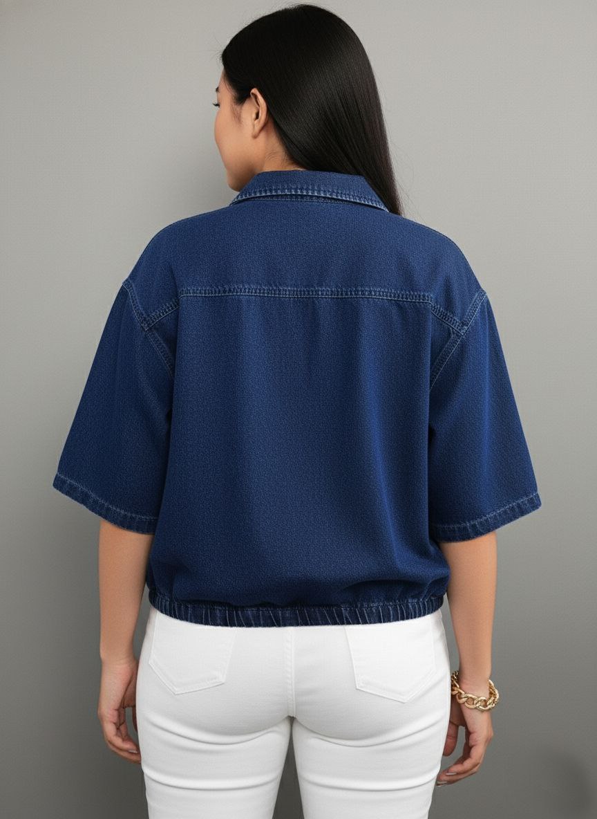 Women's Casual Drawstring Hem Denim Shirt Top Lw - Image 6