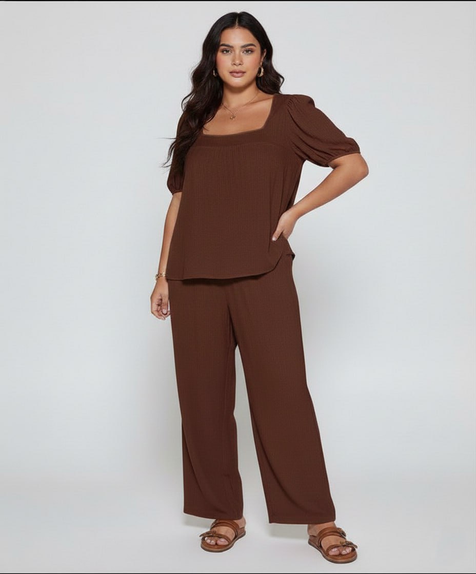 Elegant Solid Color Puff Sleeve Top And Pant Set kh NEW - Image 2