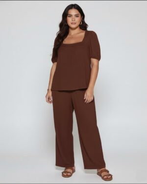 Elegant Solid Color Puff Sleeve Top And Pant Set cb NEW
