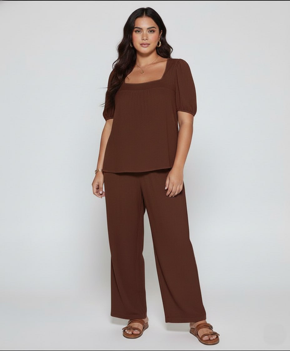 Elegant Solid Color Puff Sleeve Top And Pant Set kh NEW - Image 5
