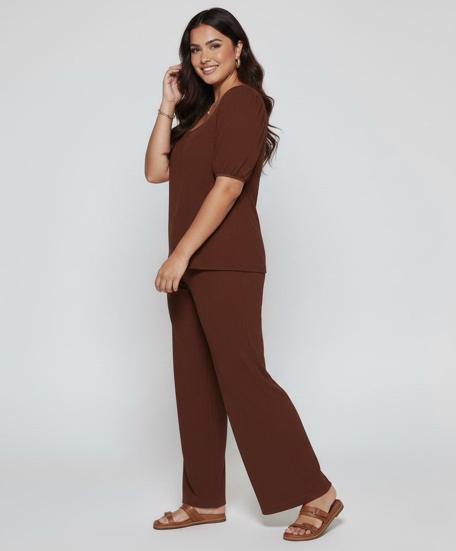 Elegant Solid Color Puff Sleeve Top And Pant Set kh NEW - Image 3