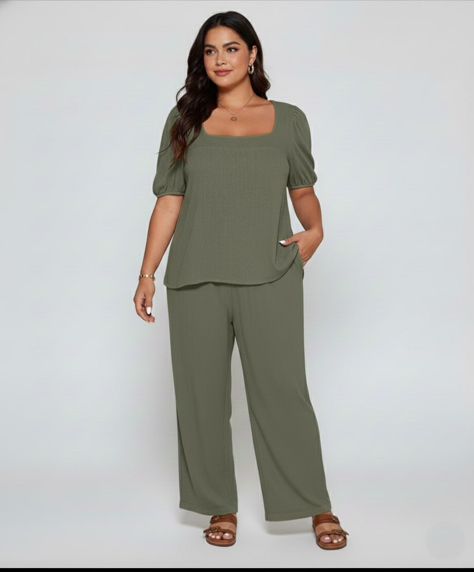 Elegant Solid Color Puff Sleeve Top And Pant Set kh NEW - Image 17
