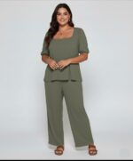 Elegant Solid Color Puff Sleeve Top And Pant Set ag NEW