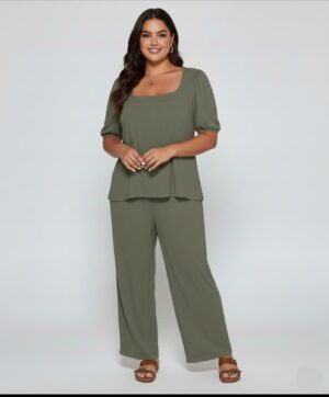 Elegant Solid Color Puff Sleeve Top And Pant Set ag NEW