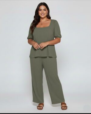 Elegant Solid Color Puff Sleeve Top And Pant Set ag NEW