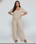 Elegant Solid Color Puff Sleeve Top And Pant Set kh NEW
