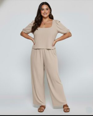 Elegant Solid Color Puff Sleeve Top And Pant Set kh NEW