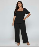 Elegant Solid Color Puff Sleeve Top And Pant Set bl NEW