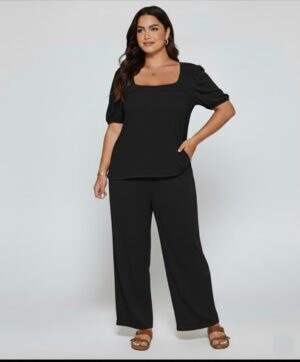 Elegant Solid Color Puff Sleeve Top And Pant Set bl NEW