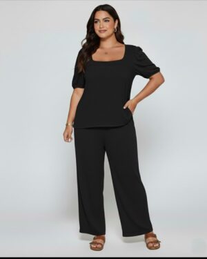 Elegant Solid Color Puff Sleeve Top And Pant Set bl NEW