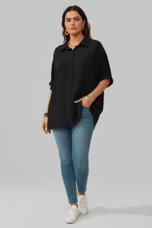 Lovshy Solid Color Batwing Sleeve Shirt bk New
