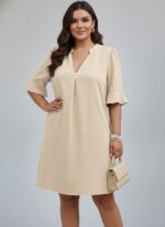 V-Neck Ruffle Short Sleeve Dress ow NEW