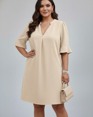 V-Neck Ruffle Short Sleeve Dress ow NEW