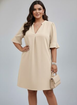 V-Neck Ruffle Short Sleeve Dress ow NEW