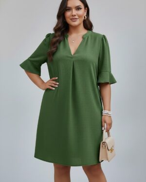 V-Neck Ruffle Short Sleeve Dress dg NEW