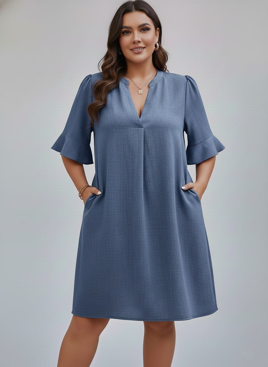 V-Neck Ruffle Short Sleeve Dress ow NEW - Image 2