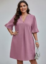 V-Neck Ruffle Short Sleeve Dress pe NEW